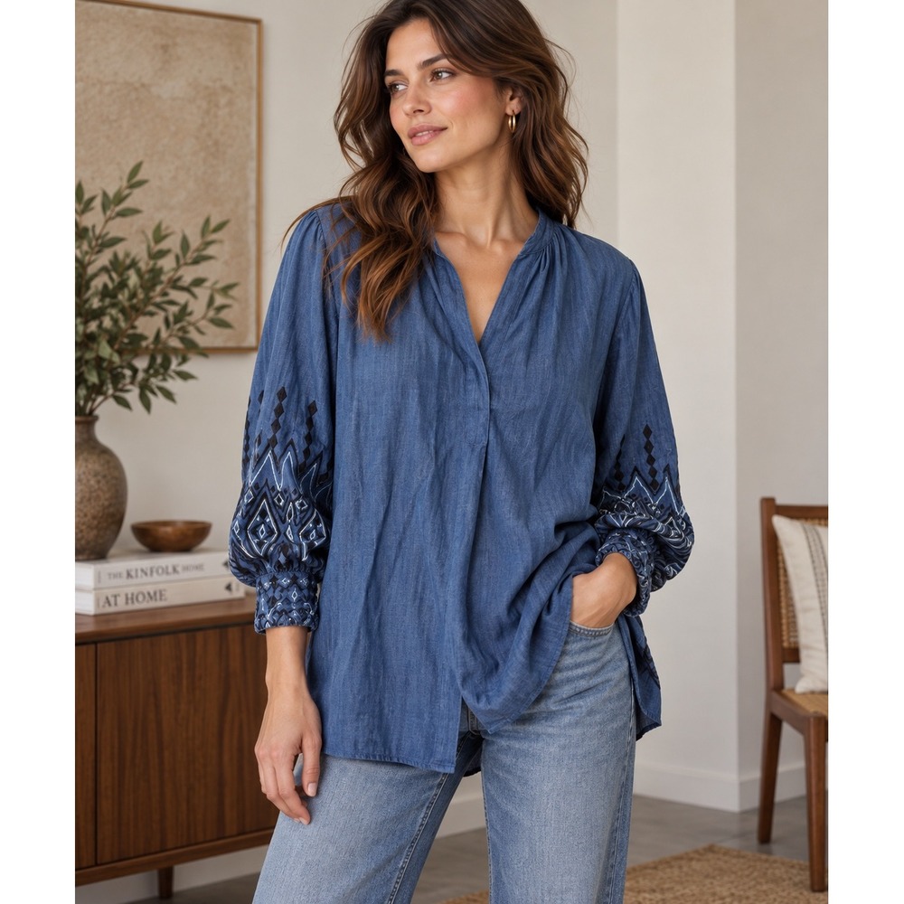 Chico's Blouse Women 1 Blue Embroidered Tencel V-Neck Boho Artisan Top Western